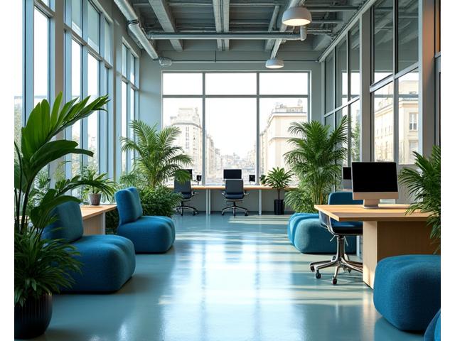 Photo lumineuse des bureaux modernes de Lumière Santè à Paris 8ème avec des espaces collaboratifs et des plantes.