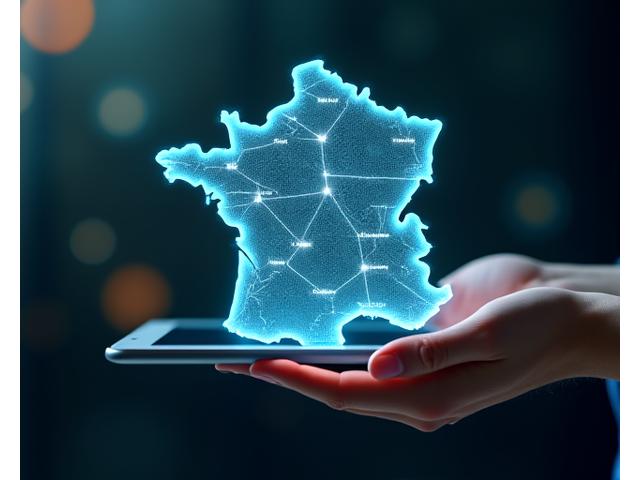Une main tient une tablette affichant la carte de France avec des points lumineux, symbolisant l'expansion des services de Lumière Santè à travers le pays.