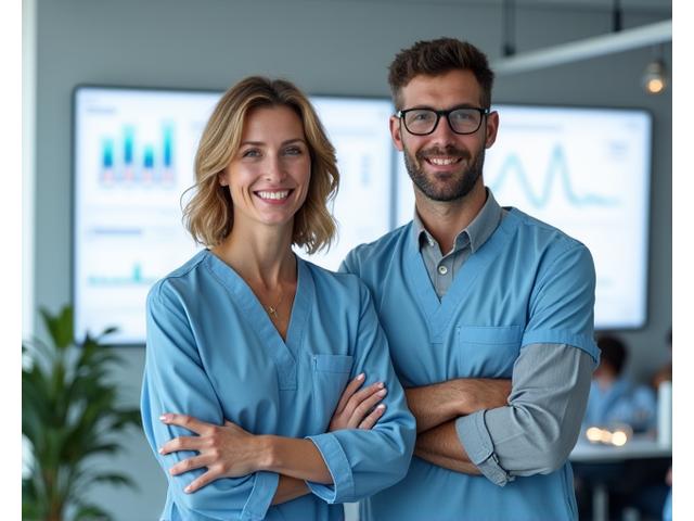 Dr. Sophie Moreau et Thomas Dupont en 2018, posant devant un écran affichant des données médicales numérisées, symbolisant la fondation de Lumière Santè.