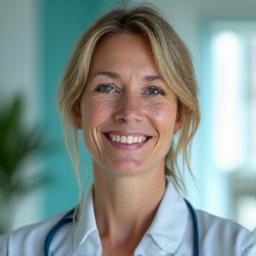 Portrait professionnel de Marie Blanchard, femme souriante, directrice médicale.