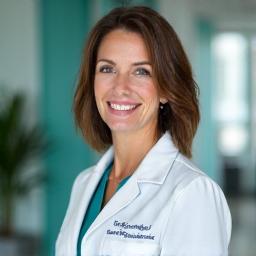 Photo de la Dr. Marie Dubois, femme souriante, porte une blouse médicale blanche, symbolisant l'expertise médicale.
