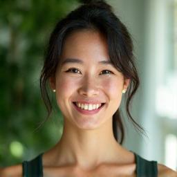 Photo de Sophie Chen, femme souriante et empathique, dans un cadre de bien-être, symbolisant le coaching et les programmes de bien-être.