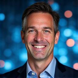Photo de Thomas Laurent, homme souriant et professionnel, devant un fond technologique abstrait, symbolisant l'expertise technique.