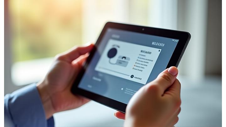 Illustration d'une main utilisant une tablette ou un smartphone pour configurer un dispositif médical connecté via une application simple et intuitive.