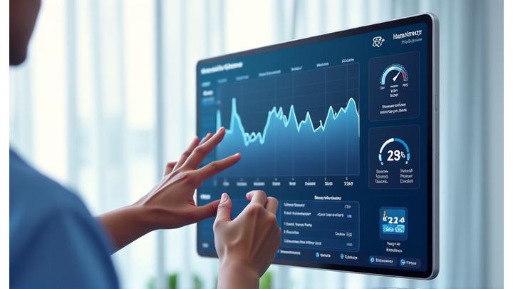 Capture d'écran d'un tableau de bord de santé numérique affichant des graphiques de constantes vitales, des alertes et l'historique des mesures.