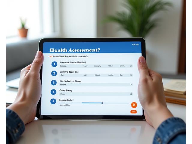 Interface de quiz interactif pour un bilan bien-être personnalisé, affichant des questions sur les habitudes de vie et une barre de progression.