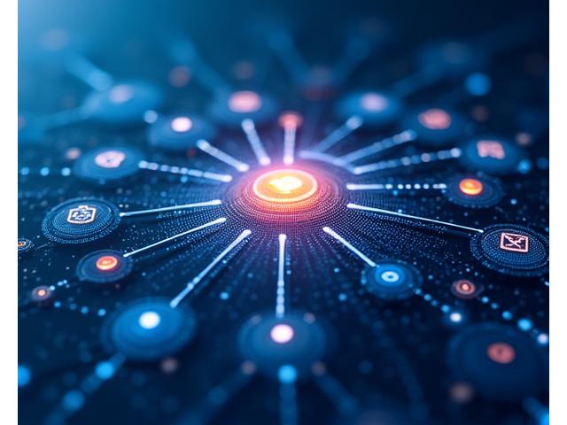 Infographie complexe montrant des flèches et des nœuds interconnectés, symbolisant un algorithme intelligent qui adapte des parcours de bien-être personnalisés.
