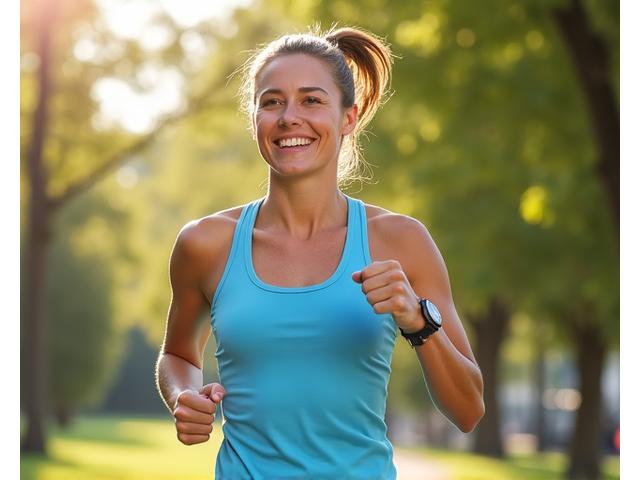Femme souriante faisant du sport, symbolisant un programme de perte de poids sain et équilibré.