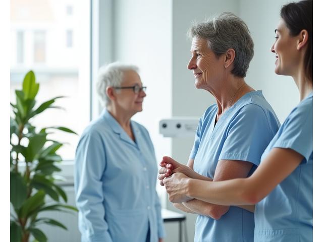 Patient en rééducation avec un physiothérapeute, représentant un programme de récupération post-pathologie.