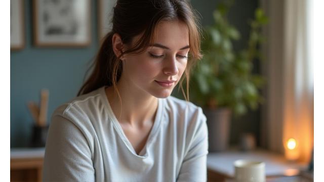 Marie, une jeune femme souriante et sereine après avoir géré son stress.