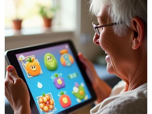 Une personne âgée souriante jouant à un jeu de mémoire sur une tablette, avec des graphiques clairs et colorés conçus pour l'entraînement cérébral.