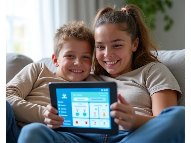 Une famille (adulte et enfants) regardant ensemble un tableau de bord sur une tablette, affichant des données de santé d'un senior et des alertes d'autonomie.