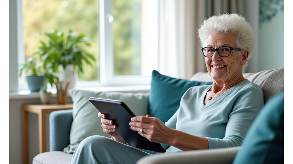 Une femme âgée souriante utilisant une tablette avec de grands icônes, assise confortablement dans son salon, montrant l'autonomie et la facilité d'utilisation.