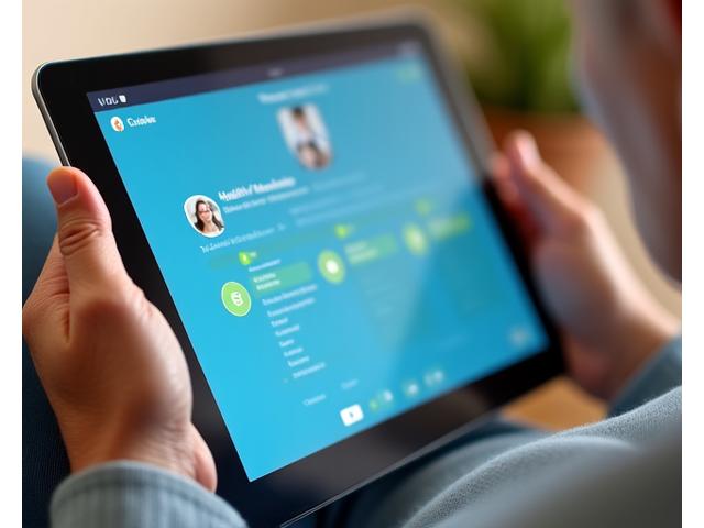 Gros plan sur une tablette affichant une interface utilisateur simplifiée avec de grands boutons et un contraste élevé, utilisée par des mains âgées.