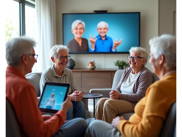 Un groupe de seniors souriants participant à une activité de groupe en ligne via une grande écran, engageant et socialisant activement.