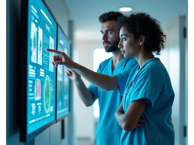 Des professionnels de santé (infirmière, médecin) interagissant avec un écran de surveillance médicale, illustrant la coordination et le workflow d'une équipe de télésurveillance.