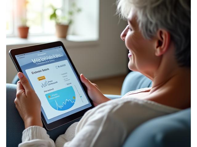 Un patient souriant utilisant une application mobile de santé sur sa tablette, avec des icônes représentant des conseils personnalisés, un chat sécurisé et des badges de progression, illustrant un parcours patient optimisé.
